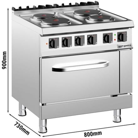 GGM Gastro Elektrisch fornuis - Giuseppe 700 - 800x730mm - 15,2 kW - 4 platen - incl. gas statische oven - 6,0 kW zilver