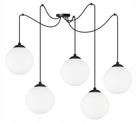 Light Home Florence 2250/15/5P – Hanglamp Spider – 5 Lampenkappen Ø15 cm – Zwart Frame – Glas Wit – LED E27 – Modern Design