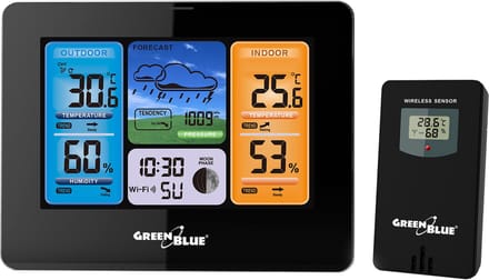 GreenBlue - Weerstation  WiFi App TUYA Display 7 Talen - Maanfase Display IPX4 - Zwart