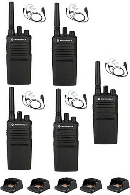 Set van 5 Motorola XT420 UHF IP55 PMR446, laders en beveiliging oortje M1 2-Pins