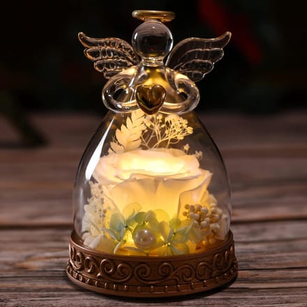 Bewaring Roos Engel - Eeuwige Bloem - Cadeau Geven - Met LED Licht - Handgemaakt - Wit