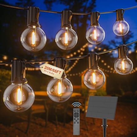 Solar lichtsnoer buiten 20M G40 prikkabel – Dimbaar, IP65 Waterdicht, Afstandsbediening, Timer, 30 LED Lampen
