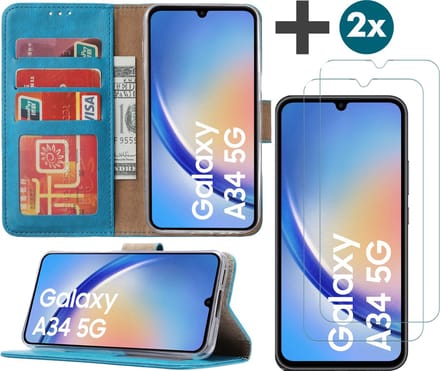 Samsung Galaxy A34 hoesje - bookcase met pasjeshouder + 2x Screenprotector tempered glass - Turquoise