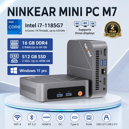 Ninkear M7 Mini-pc met Intel Core i7-1185G7-processor, 16 GB DDR4-RAM, 512 GB SSD, Windows 11 Pro, mini-desktopcomputer met WiFi 6, Bluetooth 5.2 en ventilator voor koeling, geschikt voor gebruik