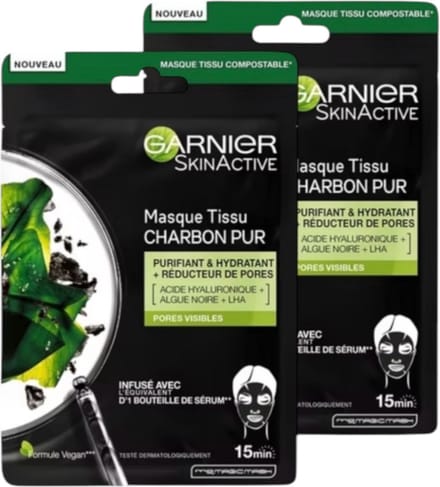 2 x Garnier skin active charcoal gezichtsmaker - masker met Glycerin en AHA + BHA