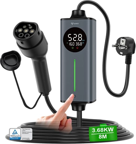 GONEO Draagbare EV-lader Type 2 Schuko Stekker voor EV/PHEV, Timer Snelladen Slimme Temperatuurregeling, Dubbele FI-bescherming, Automatische Aardingsdetectie