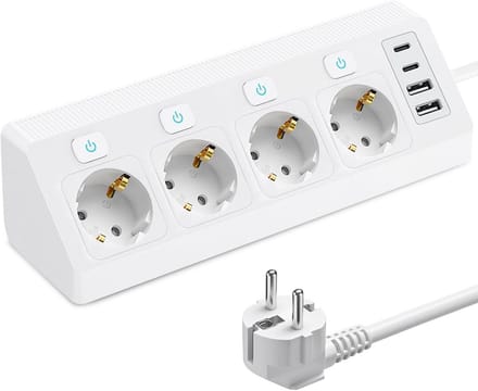 Hoekstopcontact met 4 Stopcontacten, 2 USB en 2 Type-C Poorten | 2m Kabel & Schakelaars
