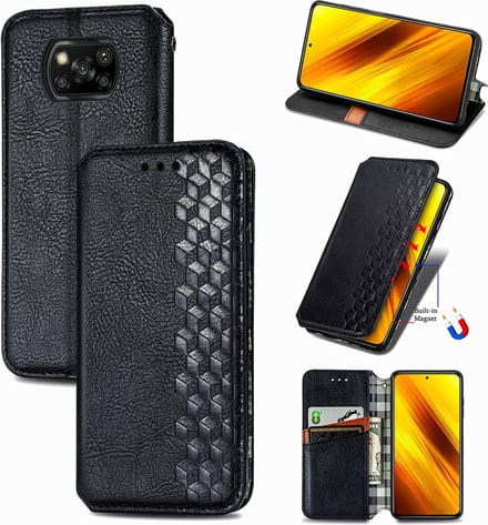 Luxe PU Lederen Ruitpatroon Wallet Case + PMMA Screenprotector voor Xiaomi Poco X3 / X3 Pro / X3 NFC _ Zwart