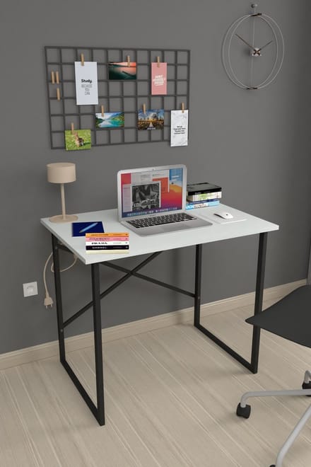 Musson Bureau - 90x60x75 cm - Wit Werkbureau - Computertafel - Laptoptafel - Metaal & Hout - Modern Design - Volwassenen Bureau