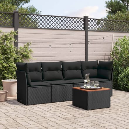 vidaXL - 5-delige - Loungeset - met - kussens - poly - rattan - zwart