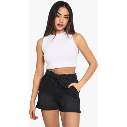 boohoo Dames Denimshort met paperbag-taille | Washed Black | Maat: 34