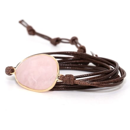 Marama - wikkelarmband Rozenkwarts donkerbruin waxcord - vegan - 80 cm.