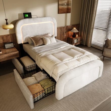 SINGULARITY-Eenpersoonsbed gestoffeerd 90x200cm- bedframe met USB Type C LED en 2 lades- Sherp-Wit Zonder matras