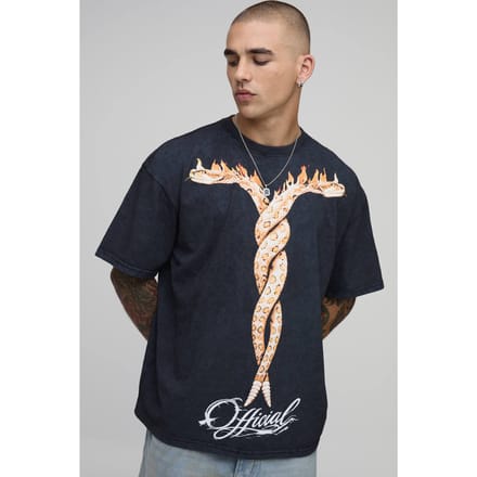 Acid Black Oversized T-shirt Met Slang Vlammen Print | Acid Wash Black | Size Medium