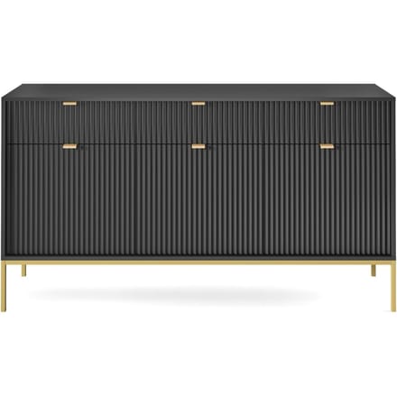 Selsey Vellore - driedeurs commode 154 cm - zwart met gecanneleerde fronten en goudkleurige omlijsting
