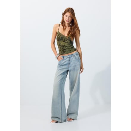 Stradivarius Aansluitende top met flock-print en kant  Kaki S