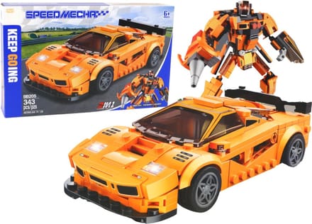 Playos® - Transformer - Auto / Robot - Bouwblokken - Oranje/Geel - 343 delig - Speelgoed Auto - Transformerende Auto - Constructiespeelgoed