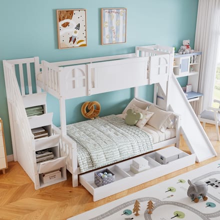 Sweiko Stapelbed - 90x200cm - met glijbaan - 3 laden + opbergtrap - Den + MDF - wit