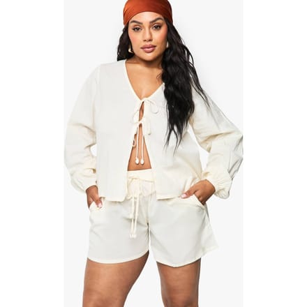 boohoo Dames Plus Shell Trim Tie Front Beach Co Ord | Ecru | Maat: 20/22