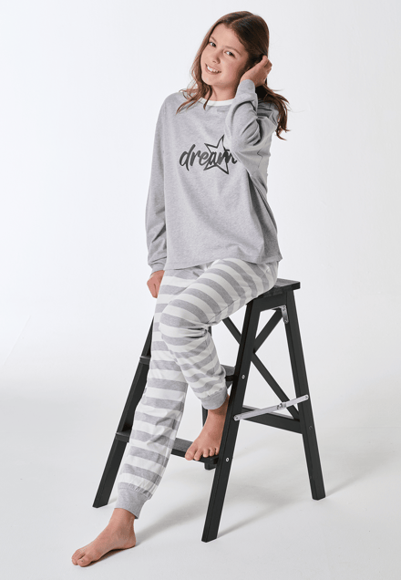 Lange pyjama met manchetten, streepjes, grijs gemêleerd - Teens Nightwear 152