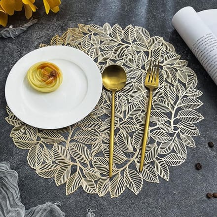 Set de 6 sets de table ronds 15 pouces Feuille d'or Antidérapants Lavables Sets de table pour DînerFêteMariage Accent de Centre de Table pour la Maison 38cm&Round gray