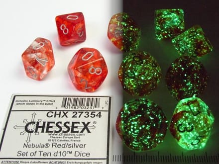Chessex Nebula rood/zilver Luminary D10 Dobbelsteen Set (10 stuks)