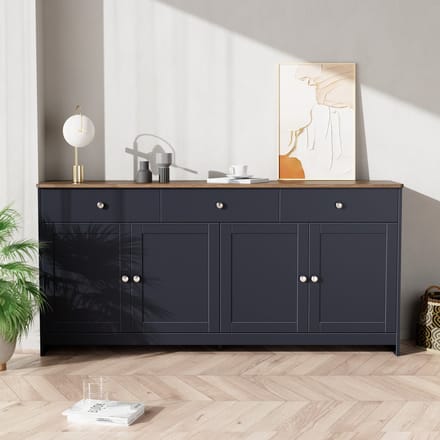 KOMHTOM Dressoir met houtnerf vier deuren drie laden woonkamer eetkamer grijs-zwart