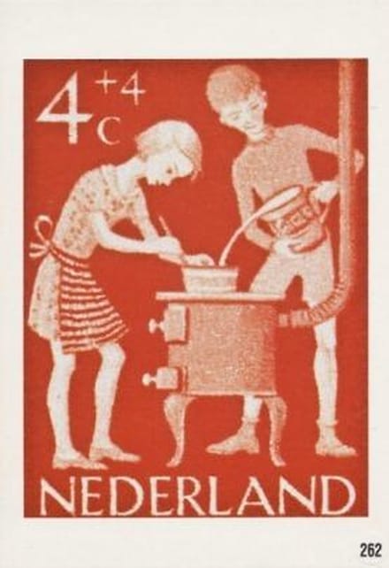 Briefkaart met afbeelding Jongen & meisje koken potje postzegel