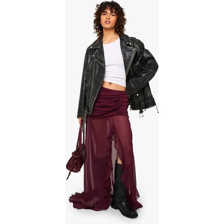 boohoo Dames Chiffon Maxi-Rok met Ruffles en gespleten zoom | Wine | Maat: 8