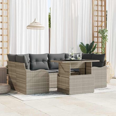 vidaXL - Tuinbank - Set - 7 - st - 6-zits - Lichtgrijs - [Synthetisch]: - Poly - Riet