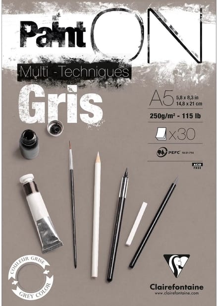 Clairefontaine - Paint ON - Multi-Techniek Pad - Tekenpapier - Schilderpapier - Grijs - A5 - 250 g - 30 vel