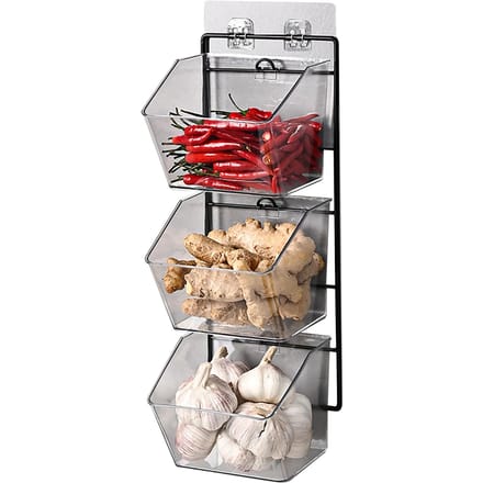 Aan de muur bevestigde opbergdoos, 3-laags aan de muur hangende keukenopbergdoos voor knoflook, gember en ui gray