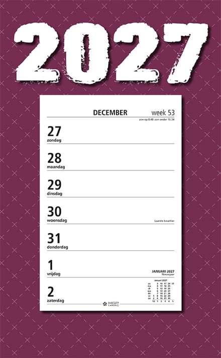 MGPcards - Week Scheurkalender 2027 - Week begint op zondag - 21 x 34 cm - Purper