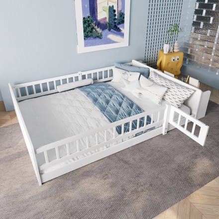 Kinderbed - 140 x 190 cm - Open opberging - Planken - Te openen behuizing - Zonder matras - Wit