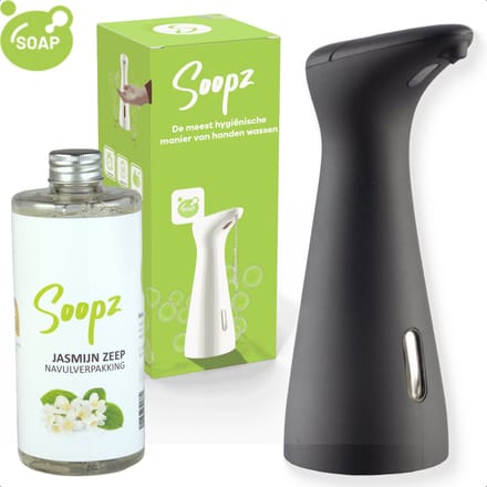 Soopz Automatische Zeepdispenser – Mat Zwart – Black Graphite Charm – Zeeppompje met Bewegingssensor – Met Jasmijn Zeep