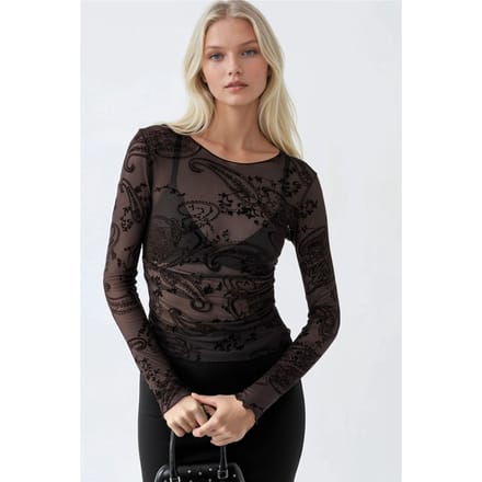 Fitted Lange Mouwen Flock Print Tulle Blouse