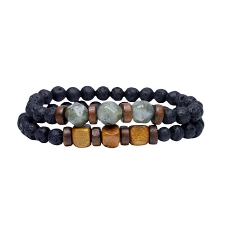 Marama - armbandenset Long Beach Lavastone - herenarmband - elastisch - edelsteen Maansteen