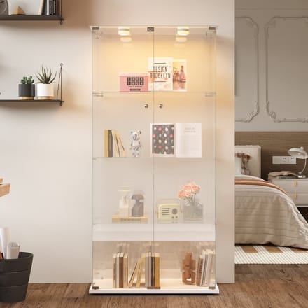 Glazen Vitrinekast 2 Deuren – 4 Planken – Spot Verlichting – Afsluitbaar – Wit
