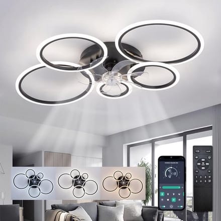 5 Ringen Plafondventilator - Zwart - 6 Snelheden - Dimbaar Met Afstandsbediening en APP - Moderne Cirkel Ventilator Licht