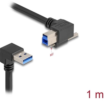 Delock USB 5 Gbps Cable USB Type-A male 90° downwards angled to USB Type-B male with screw 90° right angled 1 m black