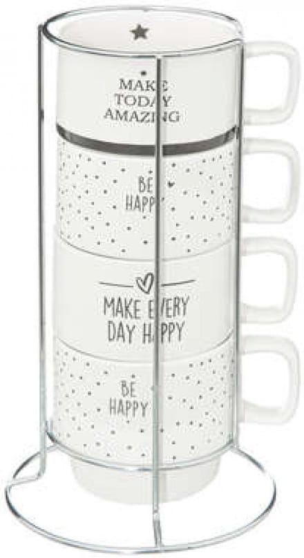 Mokken rek van 4 mokken- tekst happy- wit/zwart-