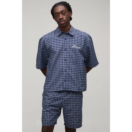 Embroidered Micro Check Boxy Oversized Shirt & Short Set | Navy | Size Small