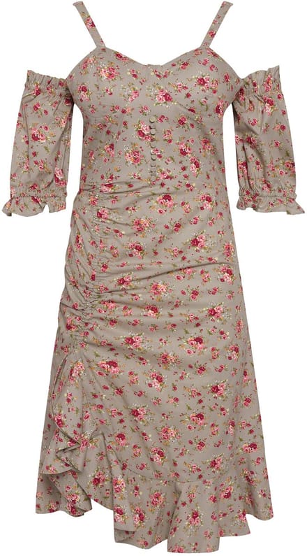 Ulla Popken - Dames - mini jurk rozen korte mouwen schoudervrij volantzoom - Beige - Maat 48