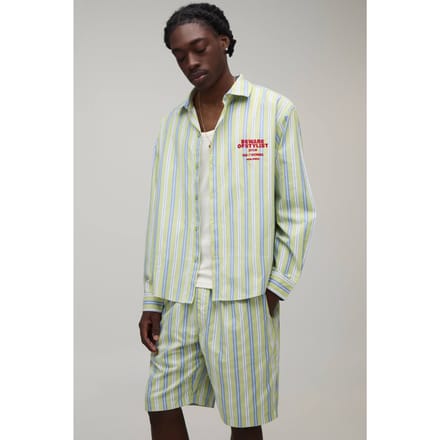 Gestreept Poplin Gebogen Zoom Geborduurd Oversized Lange Mouw Shirt & Baggy Short Set | Green | Size Medium