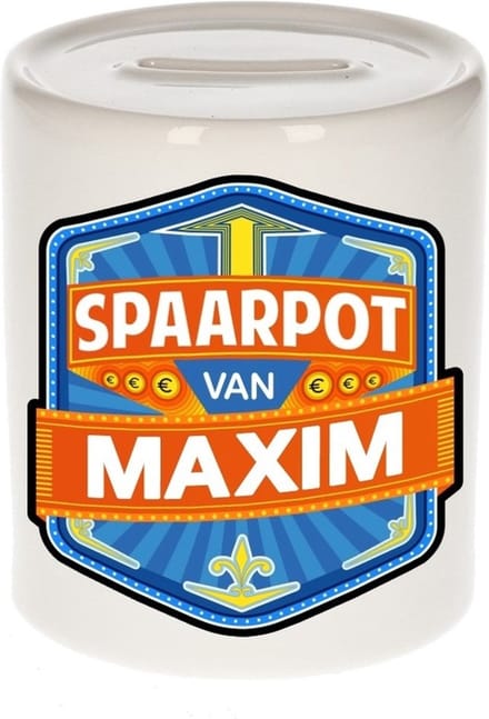 Bellatio Decorations Kinder spaarpot met naam - Maxim - keramiek - met dop - wit - Sparen - Spaargeld van Maxim