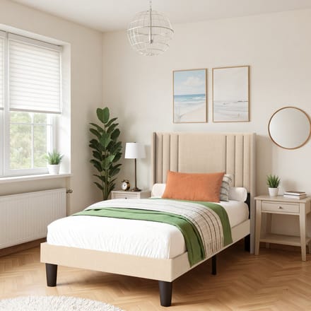 Xbro Eenpersoonsbed – 90x200 cm – Platform Bedframe met Houten Latten – Minimalistisch & Stevig – Beige – Geen Boxspring Nodig