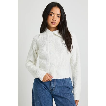 boohoo Dames Getextureerde gebreide cardigan met kraag en knoopsluiting | Cream | Maat: Medium