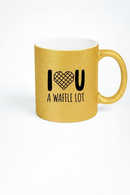 Gouden Glitter Mok 'I Waffle U A Waffle Lot' - Grappige Liefdesbeker met Wafelhart Design