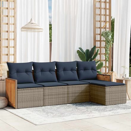 vidaXL - 5-delige - tuinbankset - met - kussens, - grijs - polyrotan