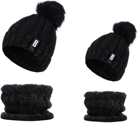 BB – Matching Moeder & Kind Winterset – Muts & Sjaal met Pompom – Zwart (1 t/m 3 jaar)